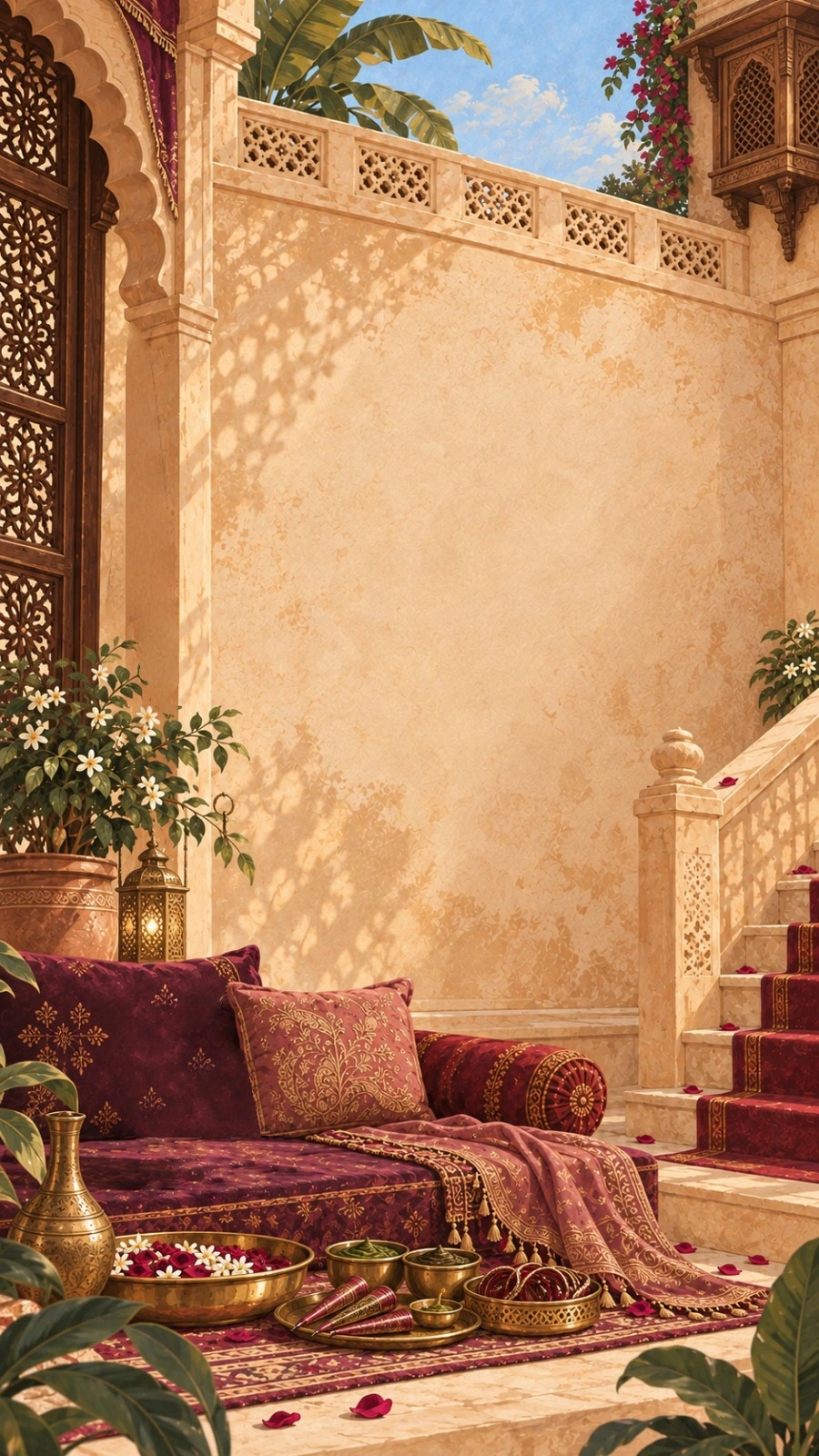 A mehendi corner in late-morning sun beneath Lahore-style jharokhas: plum velvet cushions and bolsters, brass bowls of henna and rose petals, mehendi cones and bangles, with a tabby cat resting on the cushions.