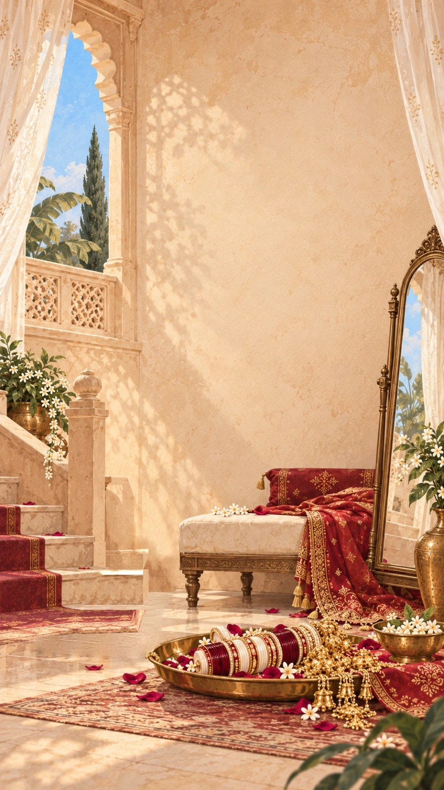 A sunlit dressing room in soft morning light: a calico cat sits beside a brass tray of red-and-ivory choorha bangles and golden kaleere, near a cushioned settee, red embroidered fabric and a tall mirror.