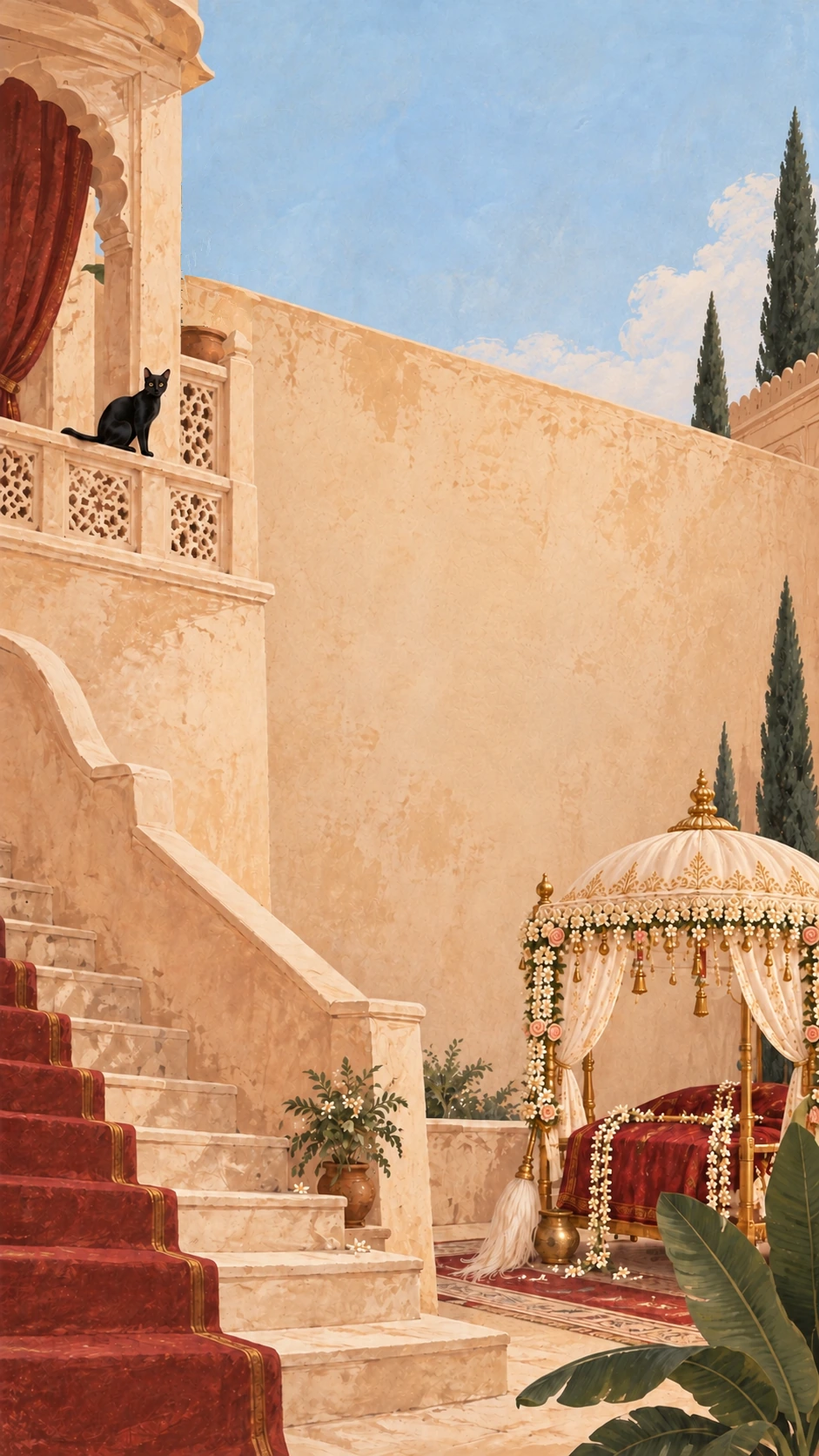 A sunlit haveli courtyard at mid-morning: a black cat watches from a jaali balcony above a staircase, beside a long sandstone wall and a flower-draped canopy prepared for the paath.